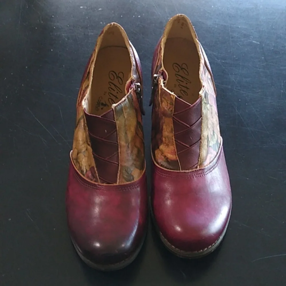 ELITE BY CORKY LEATHER ANKLE BOOTS SIZE 7 side zip plum floral color LIKE NEW - Picture 3 of 15
